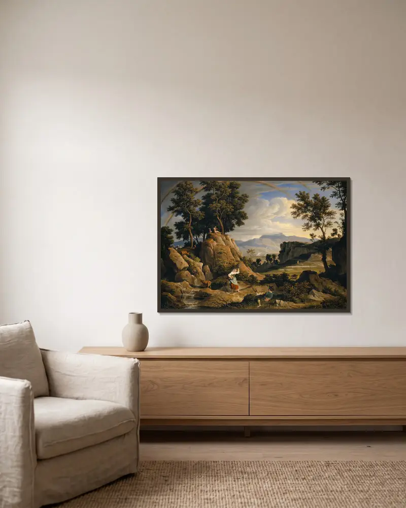 Landscape near Olevano with Rainbow av Joseph Anton Koch inramad på en vägg