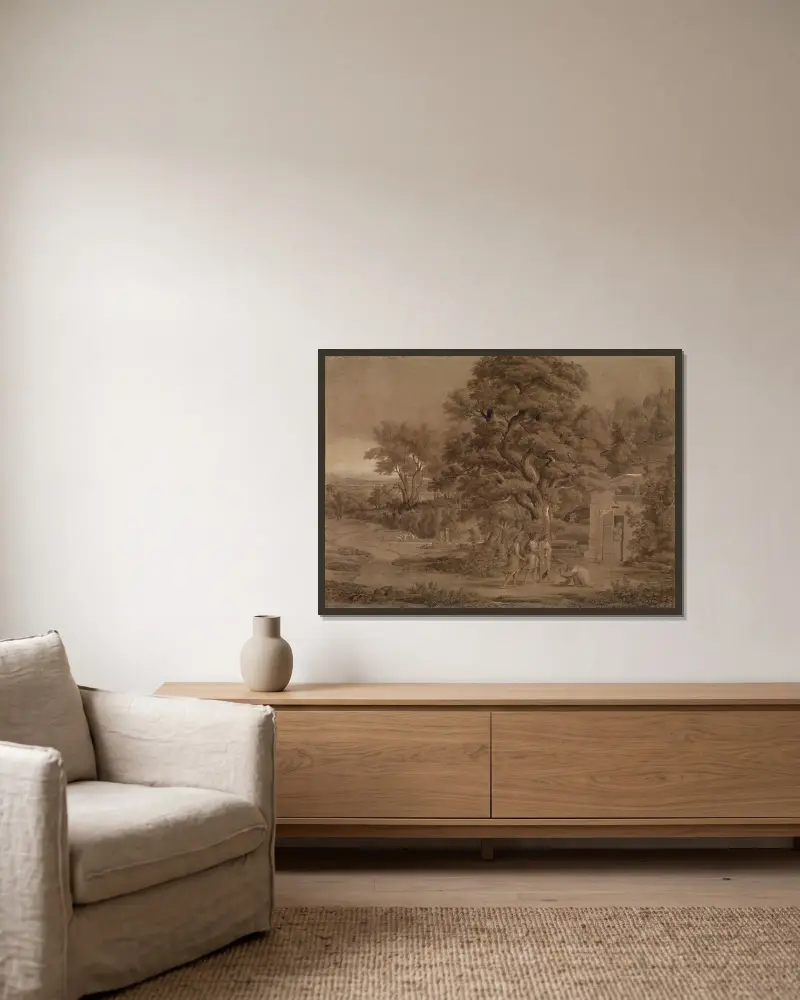 Landschaft mit Abraham und den drei Engeln im Tal von Mamre von Joseph Anton Koch gerahmt an einer Wand
