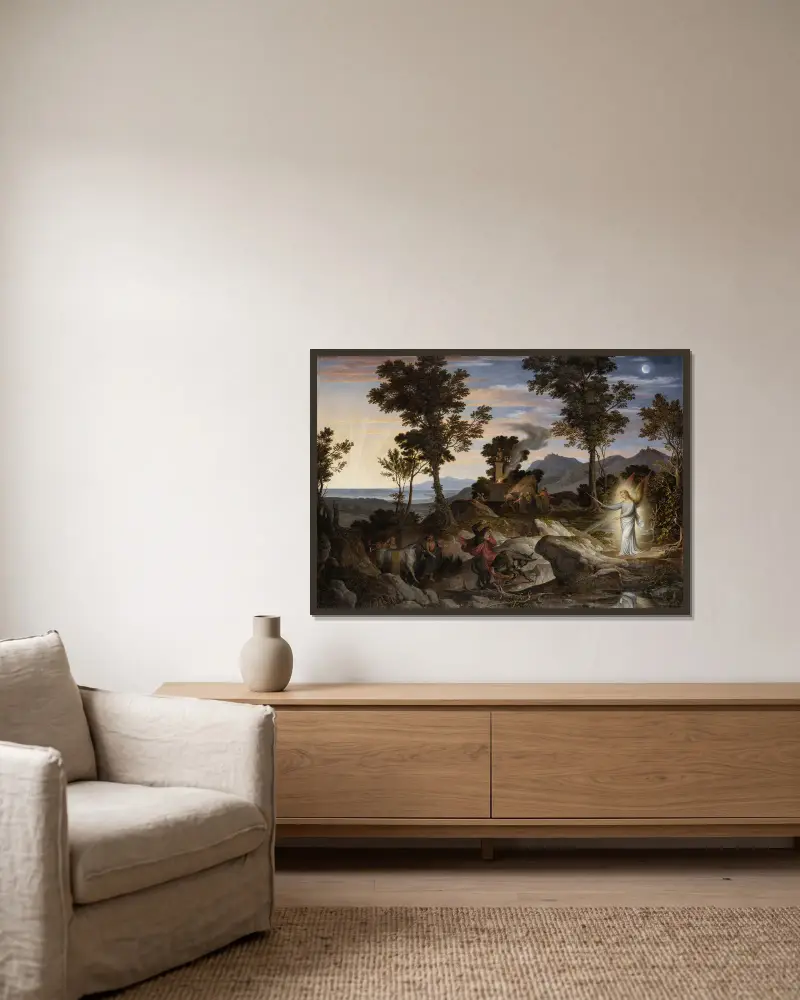 Landscape with the Prophet Balaam and his donkey av Joseph Anton Koch inramad på en vägg