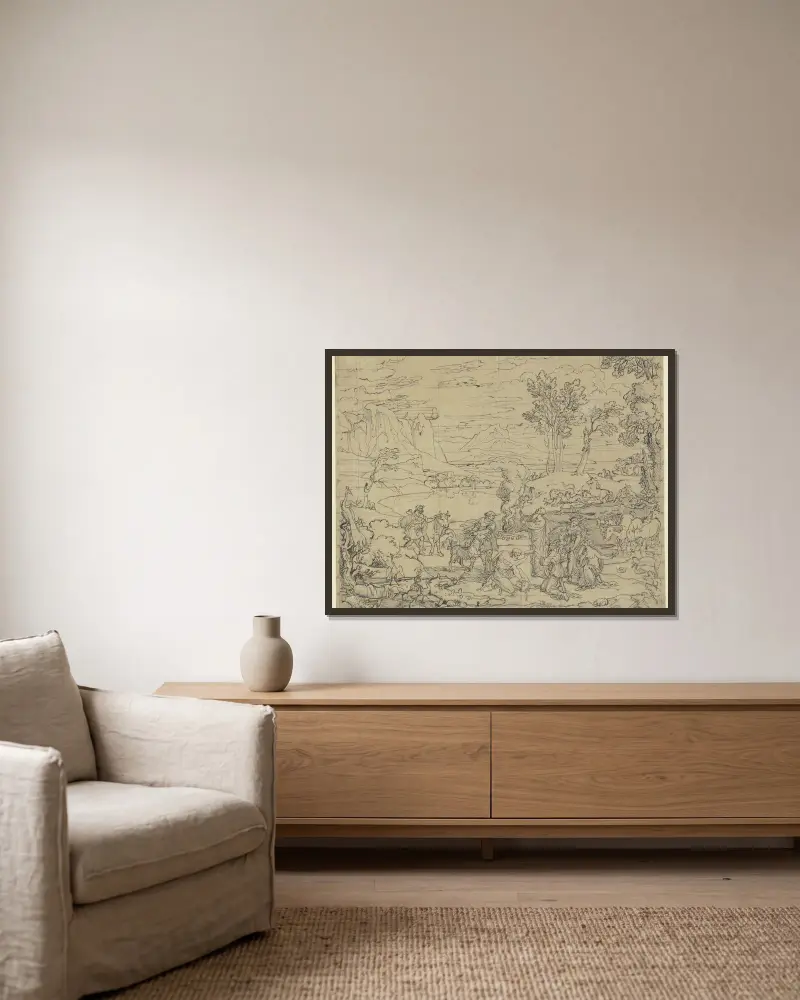 Landschaft mit dem Dankopfer Noahs von Joseph Anton Koch gerahmt an einer Wand