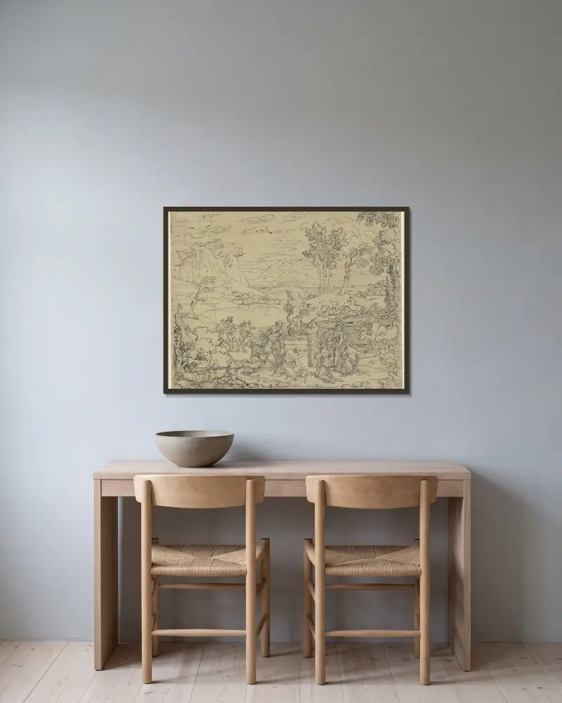 Landschaft mit dem Dankopfer Noahs von Joseph Anton Koch gerahmt an einer Wand