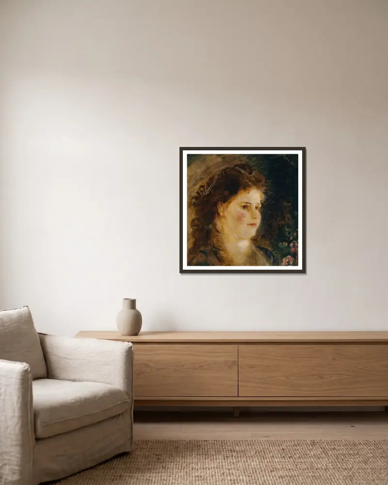 Mädchen mit Perlenkette im Haar von Anton Romako gerahmt an einer Wand