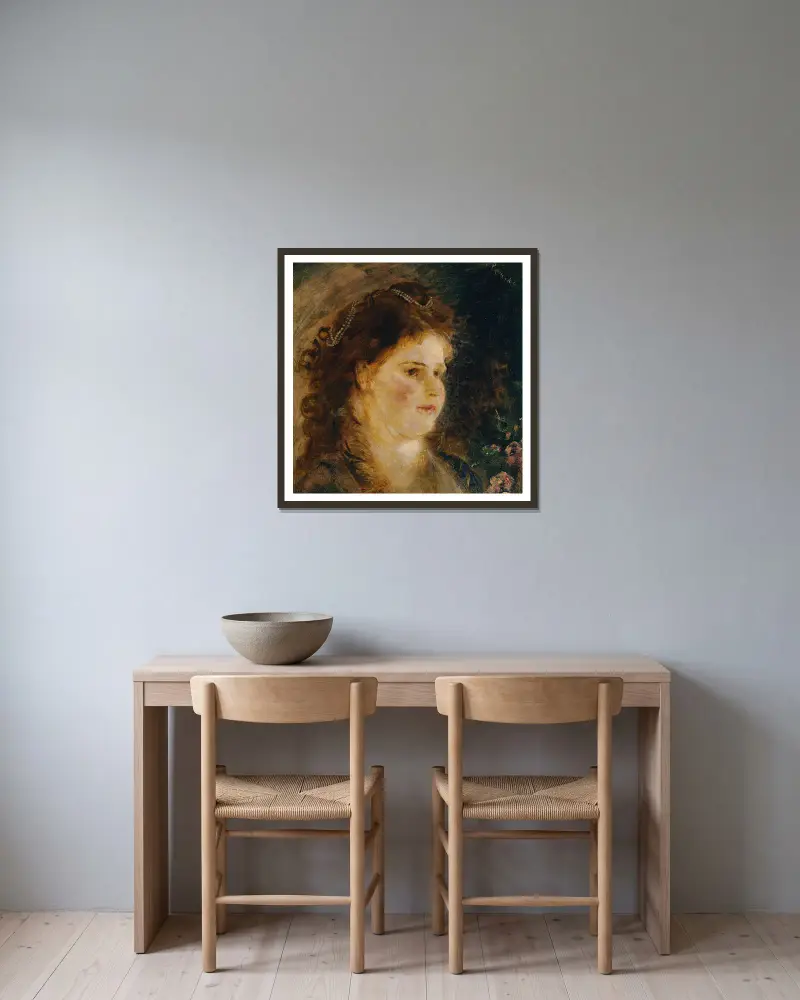 Mädchen mit Perlenkette im Haar von Anton Romako gerahmt an einer Wand