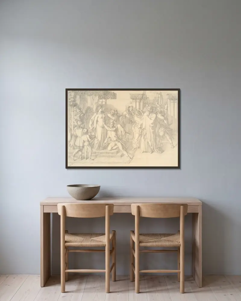 Sängerkrieg auf der Wartburg von Anton Romako gerahmt an einer Wand