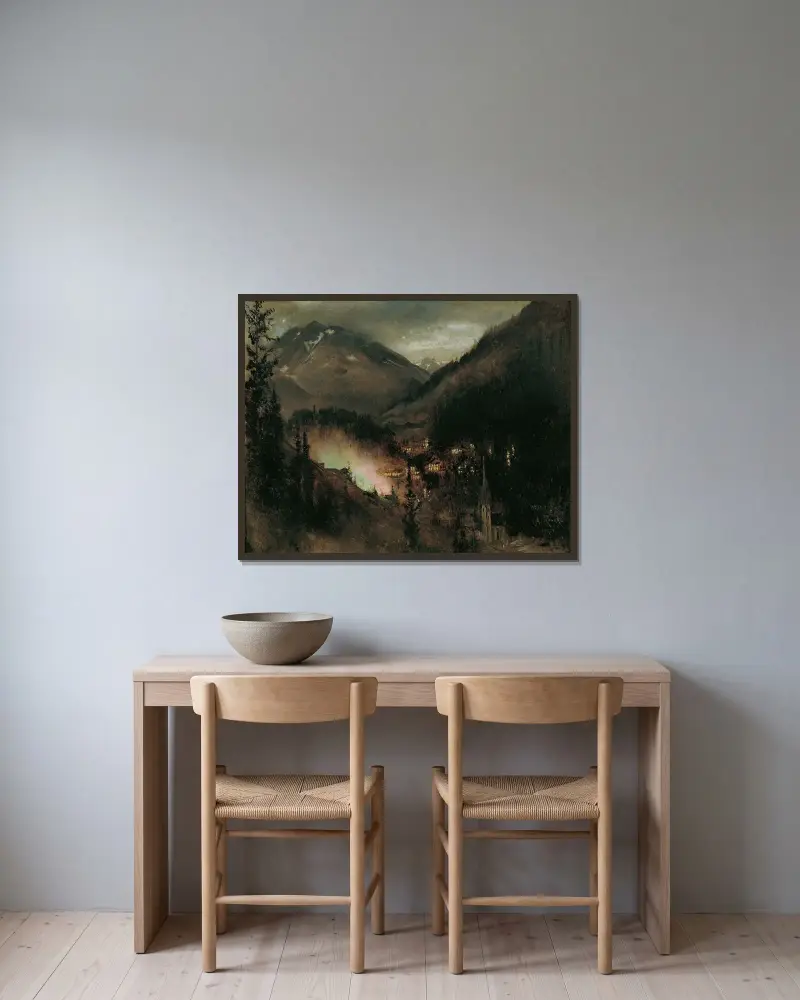 Wildbad Gastein på kvällen (vid bengalisk belysning) av Anton Romako inramad på en vägg