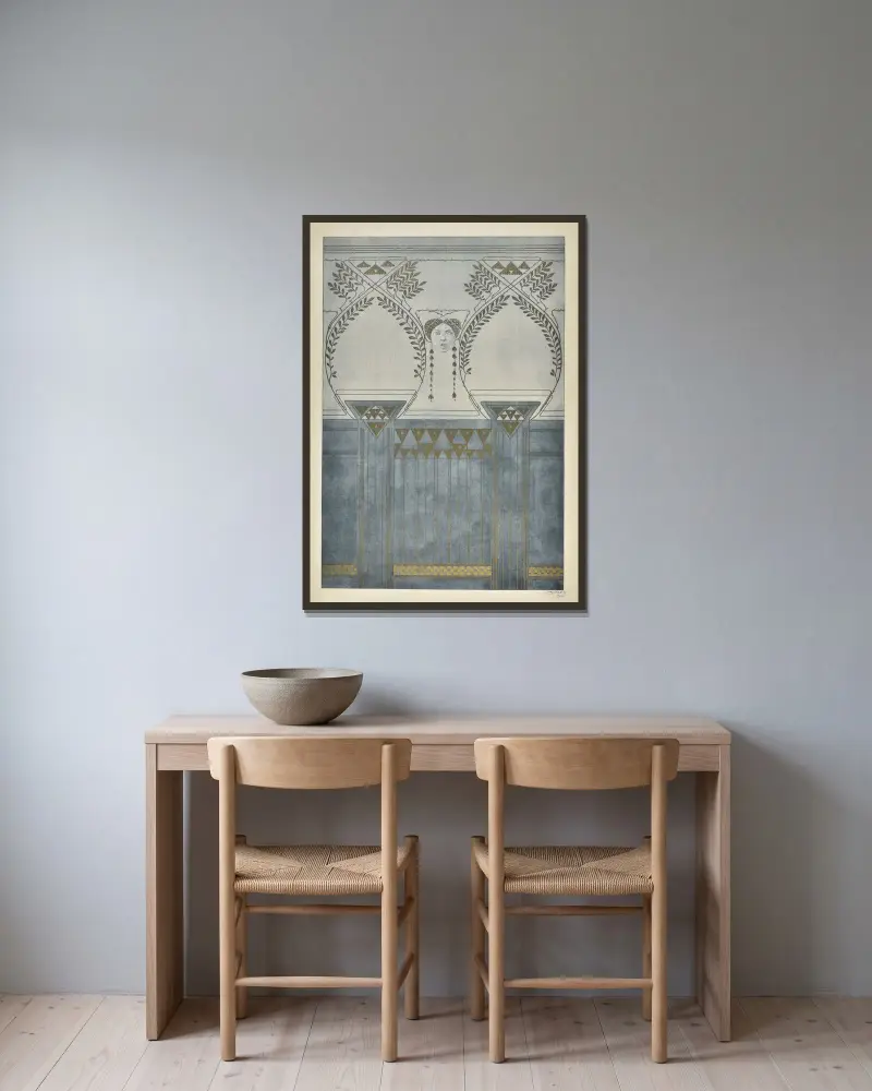 Moderne Malereien Pl.07 av Anton Seder inramad på en vägg