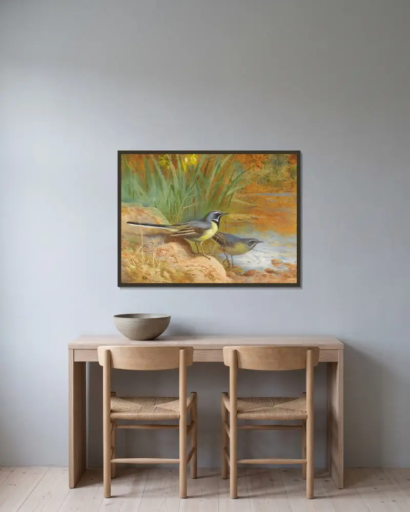 5 sädesärlor av Archibald Thorburn inramad på en vägg