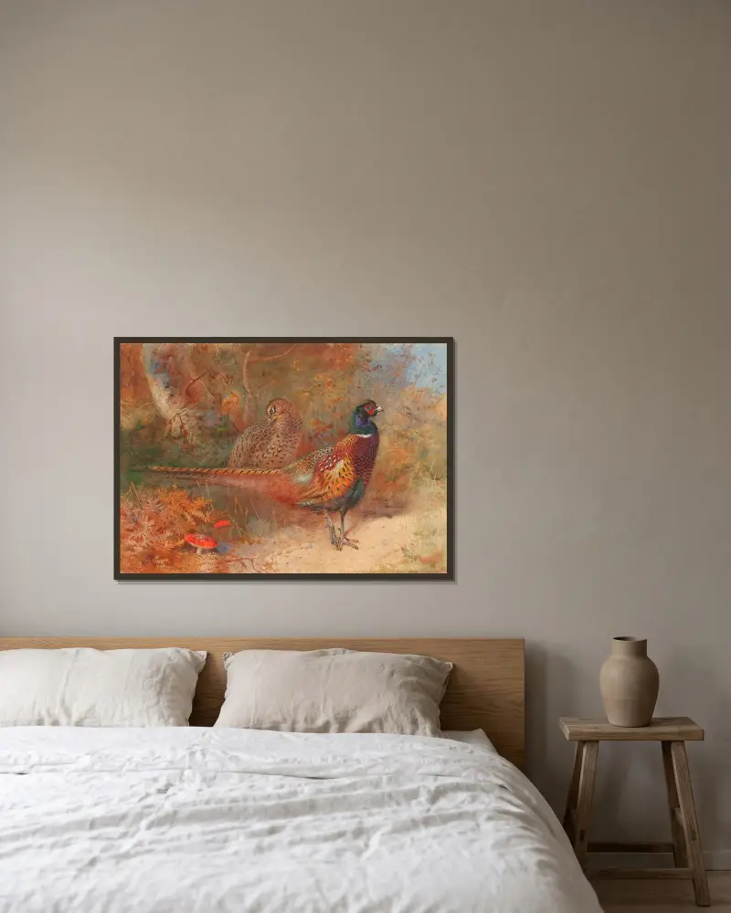Tupp och höna av fasan av Archibald Thorburn inramad på en vägg