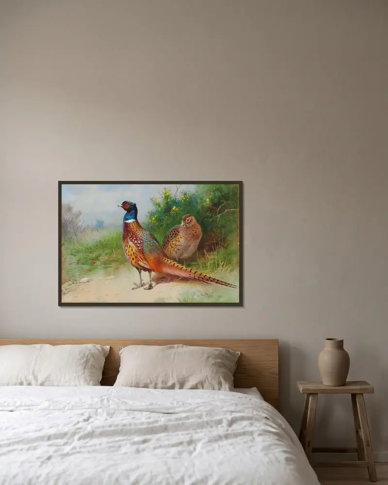 En höna och tuppfasan vid ginst av Archibald Thorburn inramad på en vägg