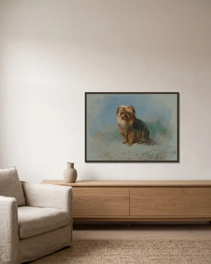 A Norfolk terrier av Archibald Thorburn inramad på en vägg