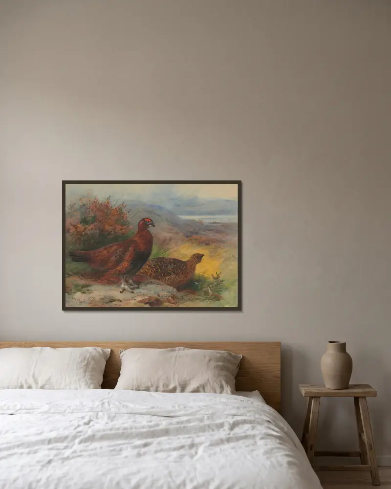 Ett par röda ripor i ett landskap av Archibald Thorburn inramad på en vägg