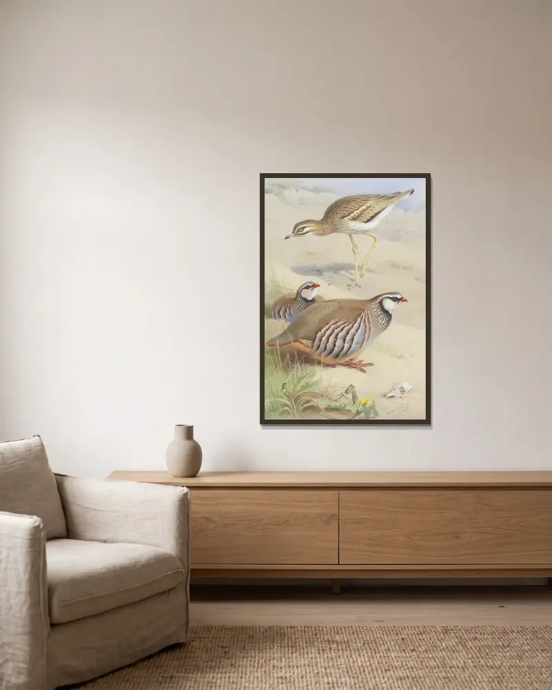 A Stone Curlew And A Pair Of French Partridge av Archibald Thorburn inramad på en vägg