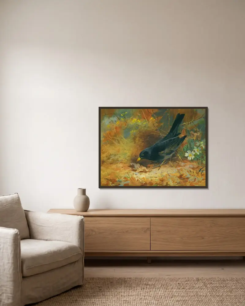 Blackbird av Archibald Thorburn inramad på en vägg