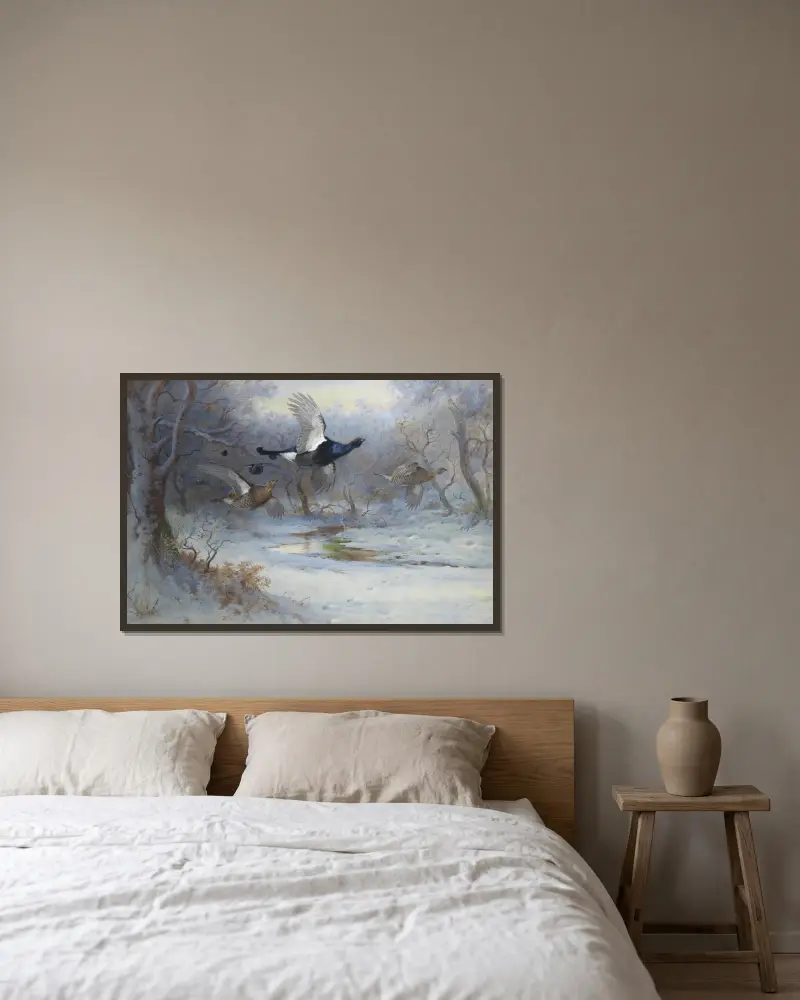 Blackcock And Grouse In Flight – Winter av Archibald Thorburn inramad på en vägg