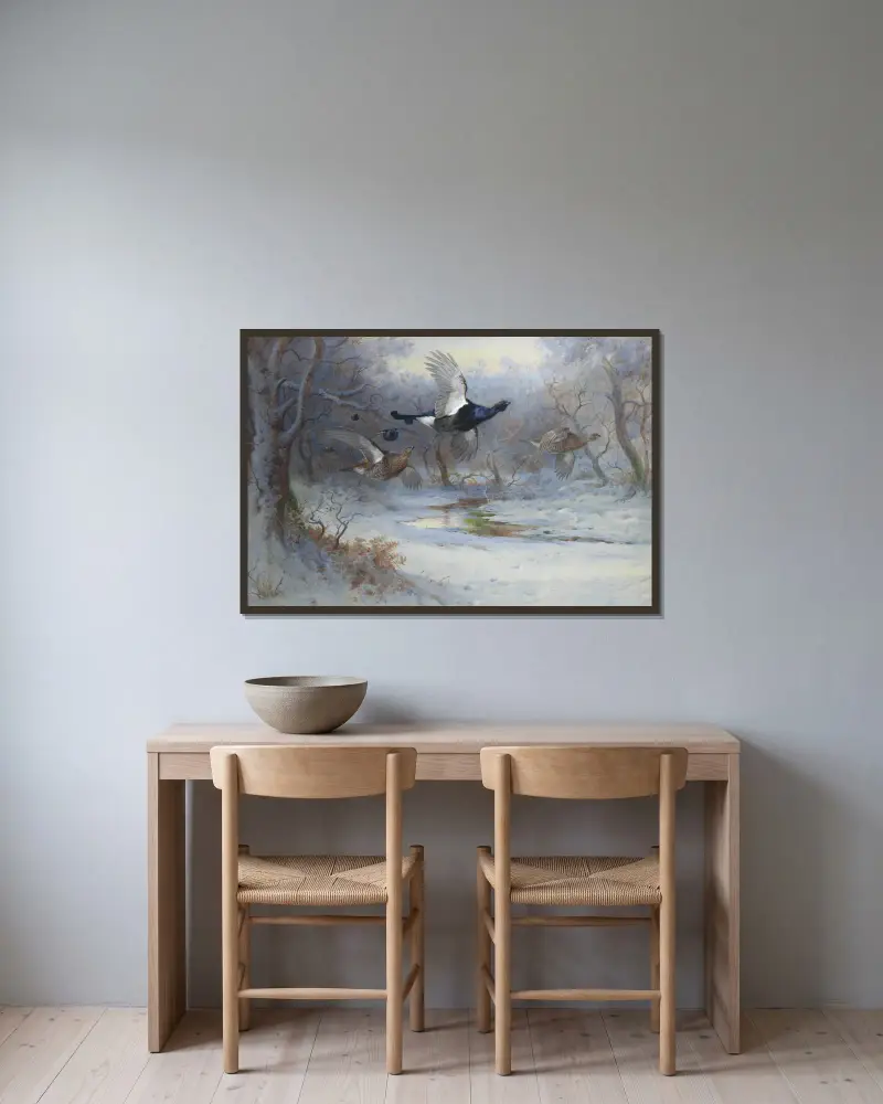 Blackcock And Grouse In Flight – Winter av Archibald Thorburn inramad på en vägg