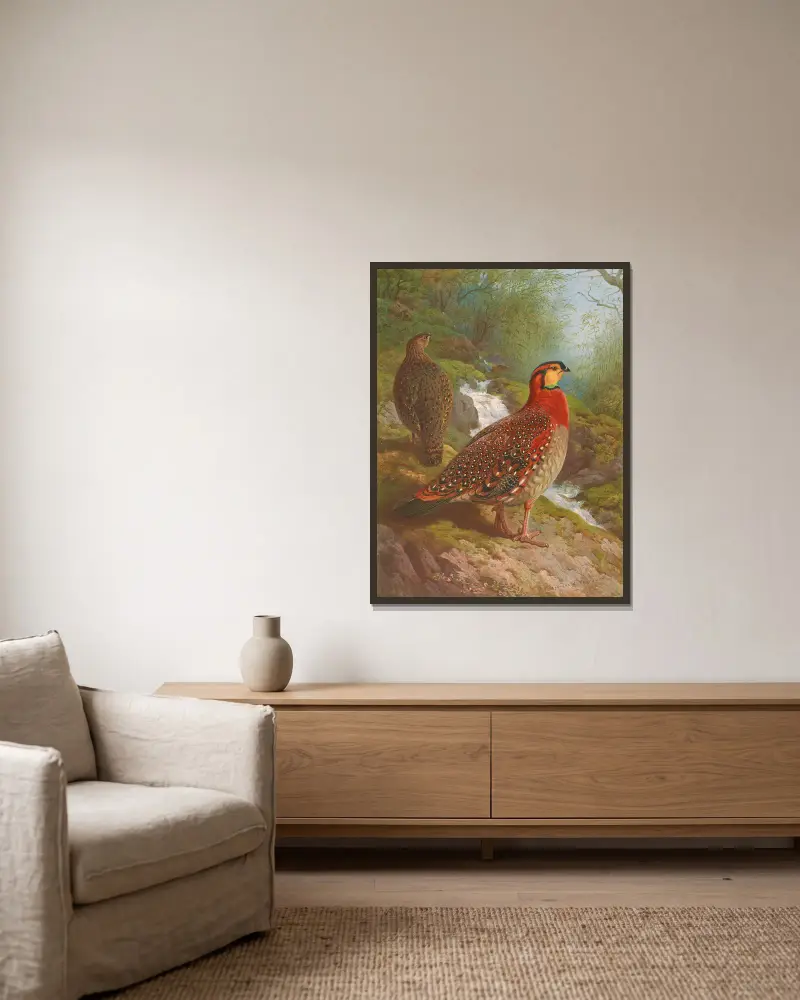 Blyth’s Tragopan av Archibald Thorburn inramad på en vägg