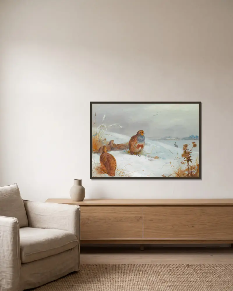 Hard Times – Partridges And A Hare av Archibald Thorburn inramad på en vägg