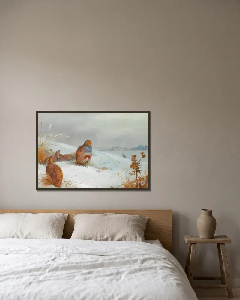 Hard Times – Partridges And A Hare av Archibald Thorburn inramad på en vägg