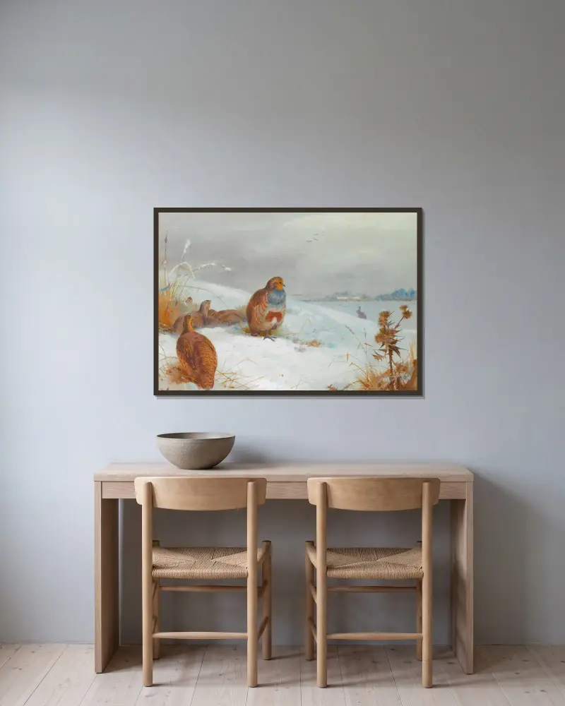 Hard Times – Partridges And A Hare av Archibald Thorburn inramad på en vägg