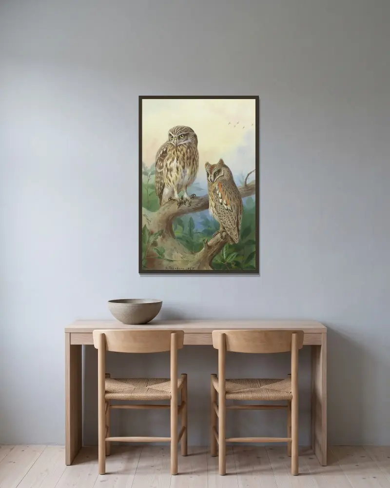 Minervauggla och dvärguv av Archibald Thorburn inramad på en vägg