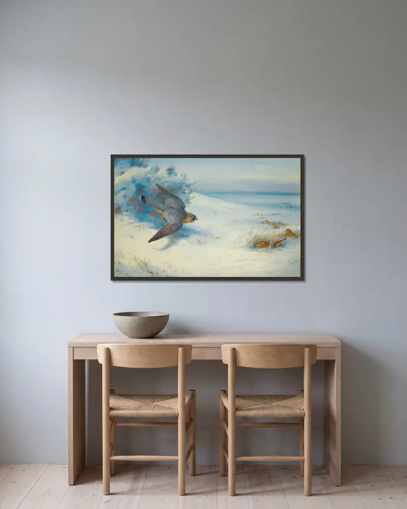Merlin och lärkor av Archibald Thorburn inramad på en vägg