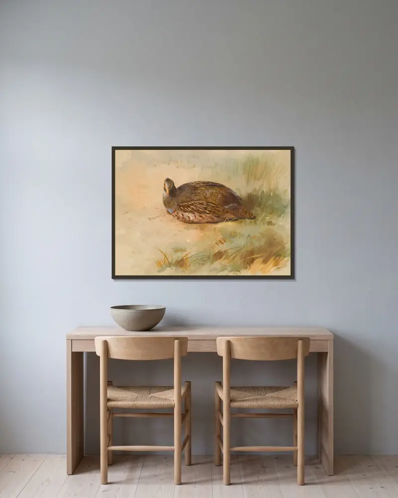 Rapphöna av Archibald Thorburn inramad på en vägg