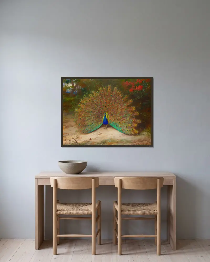 Peacock And Peacock Butterfly av Archibald Thorburn inramad på en vägg