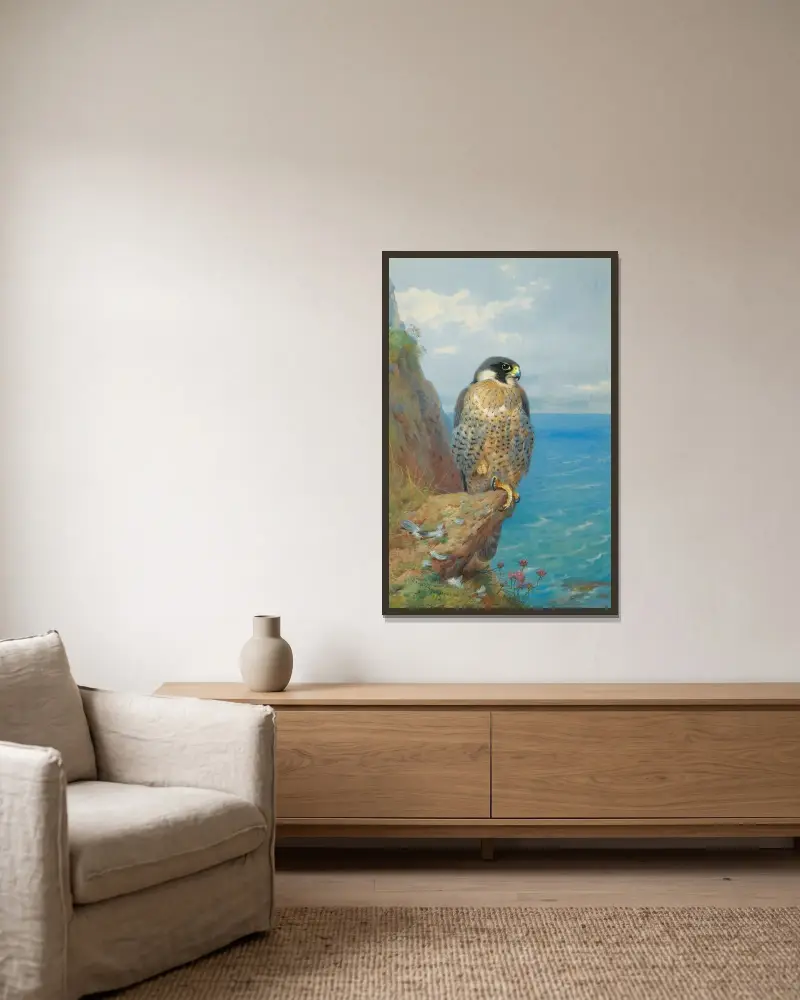 Peregrine At Auchencairn av Archibald Thorburn inramad på en vägg