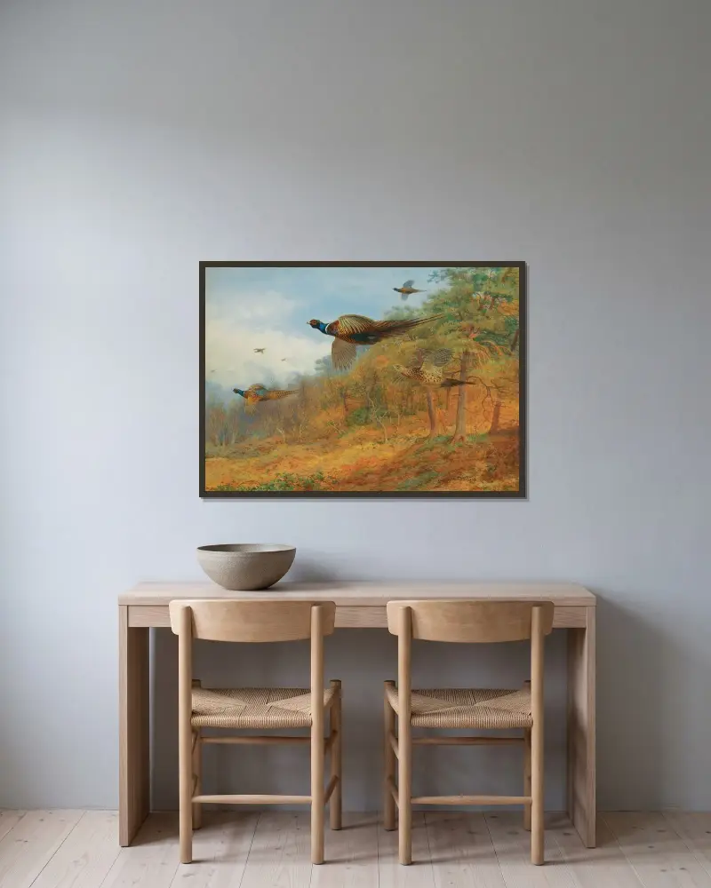 Fasaner bryter upp ur skydd av Archibald Thorburn inramad på en vägg