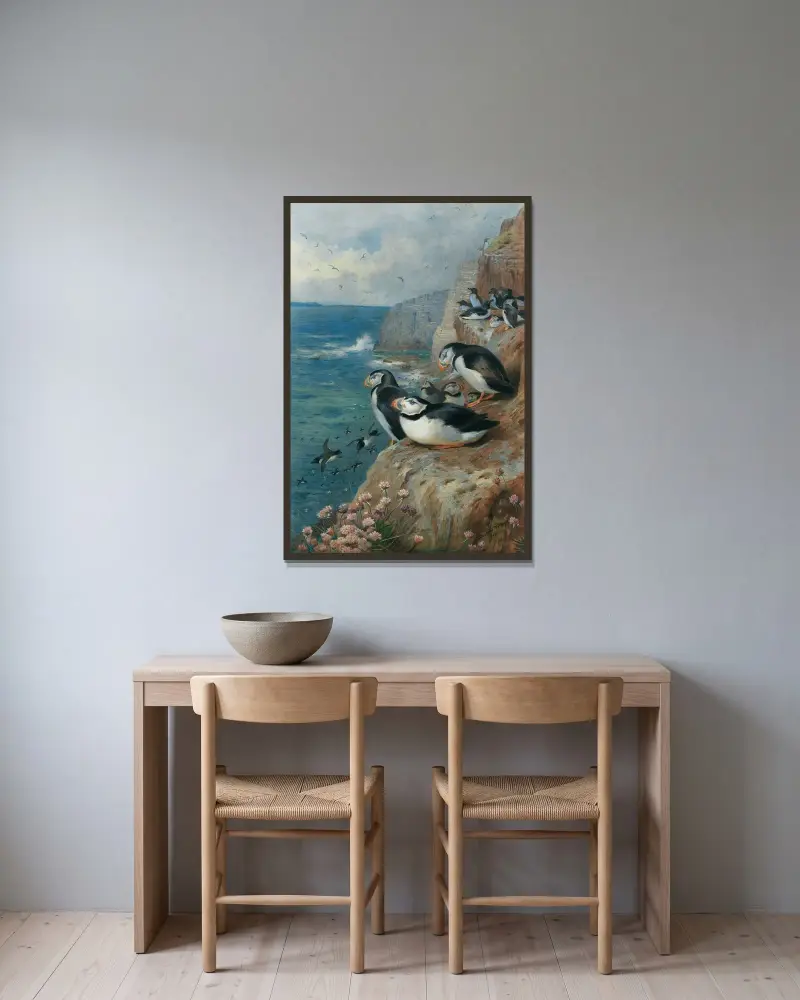 Lunnefåglar och sillgrisslor av Archibald Thorburn inramad på en vägg