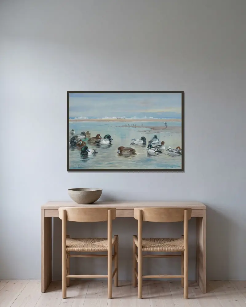 Scaup, Golden Eye and Smew av Archibald Thorburn inramad på en vägg