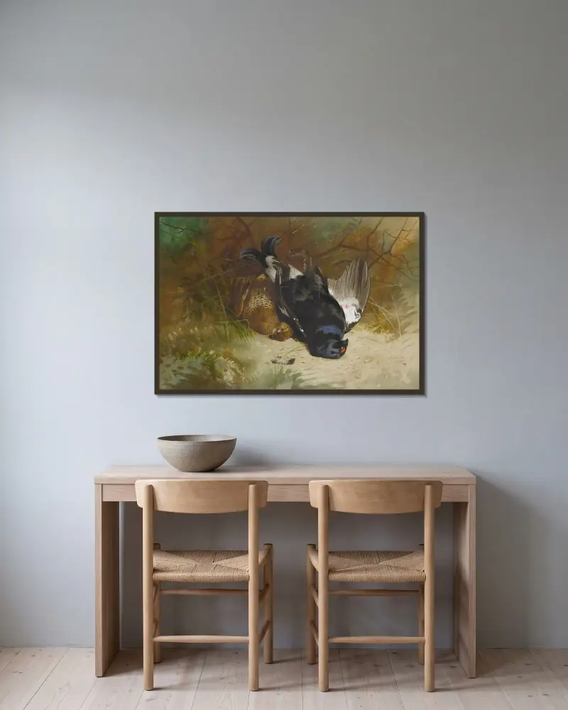 Stilleben med ett par orrar av Archibald Thorburn inramad på en vägg