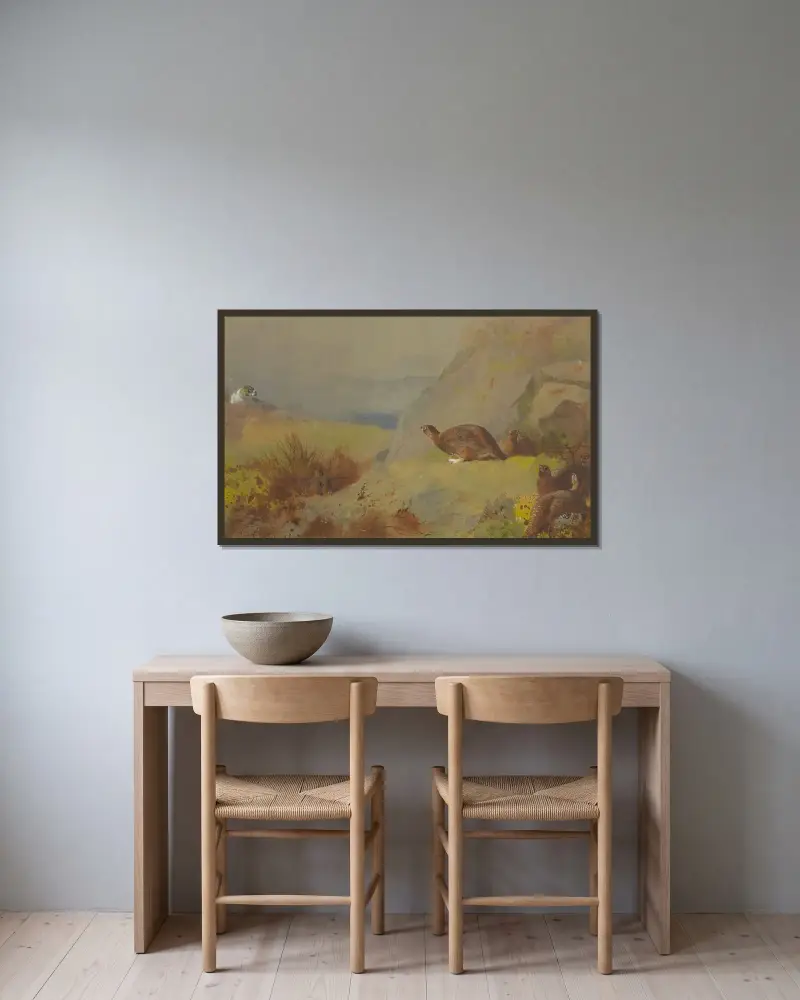 Studie av orre på heden av Archibald Thorburn inramad på en vägg