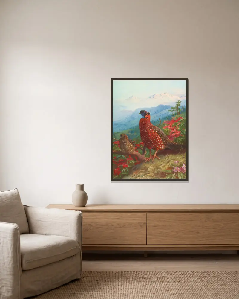 The Satyr Tragopan av Archibald Thorburn inramad på en vägg