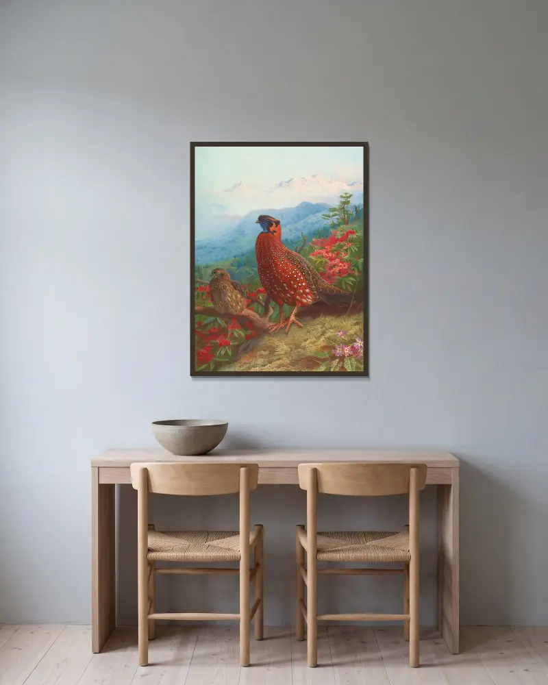 The Satyr Tragopan av Archibald Thorburn inramad på en vägg