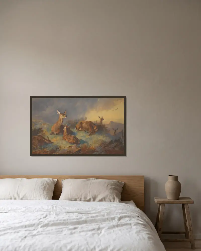 De vaksamma hindarna av Archibald Thorburn inramad på en vägg