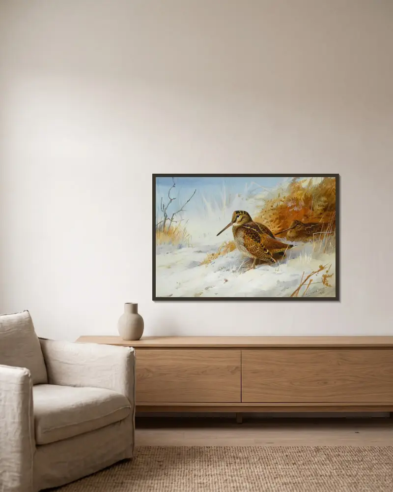 Vintermorkulla av Archibald Thorburn inramad på en vägg