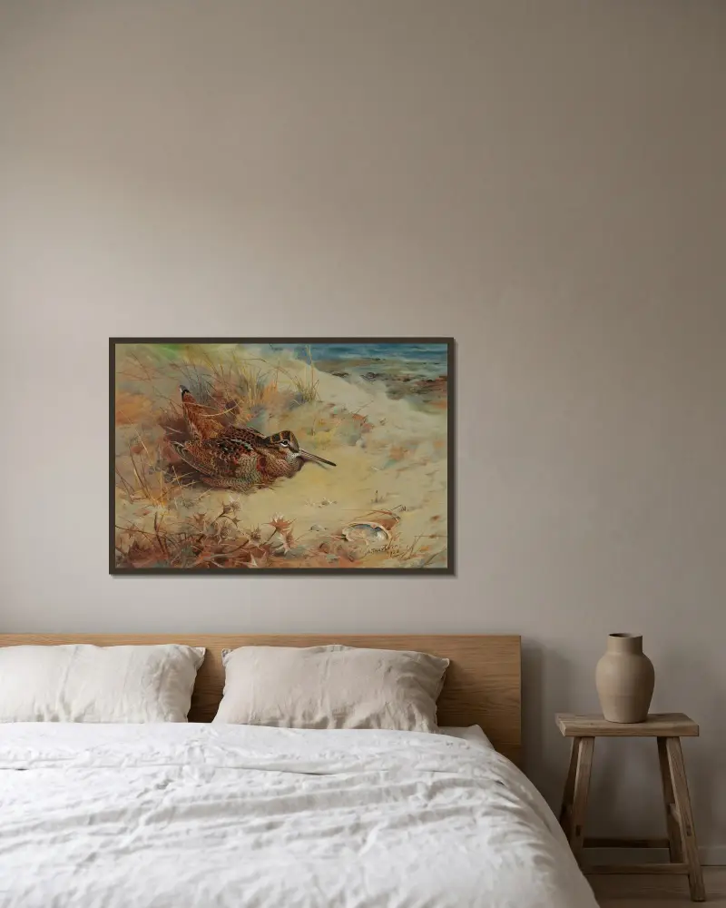 Morkulla i skydd bland sanddynerna av Archibald Thorburn inramad på en vägg