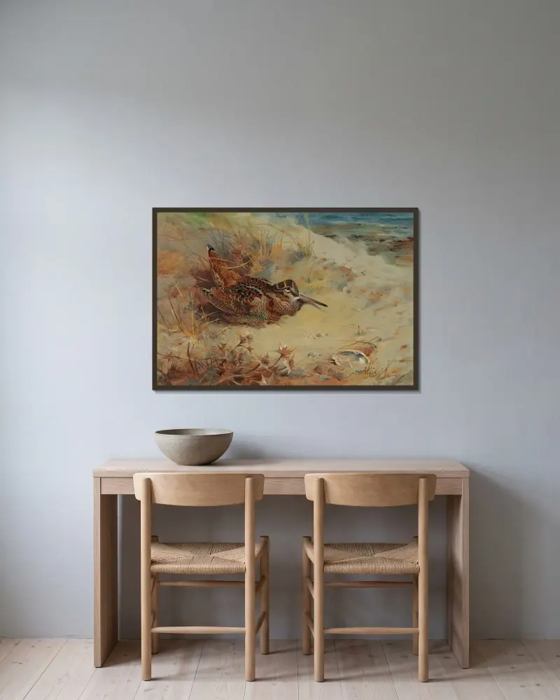 Morkulla i skydd bland sanddynerna av Archibald Thorburn inramad på en vägg