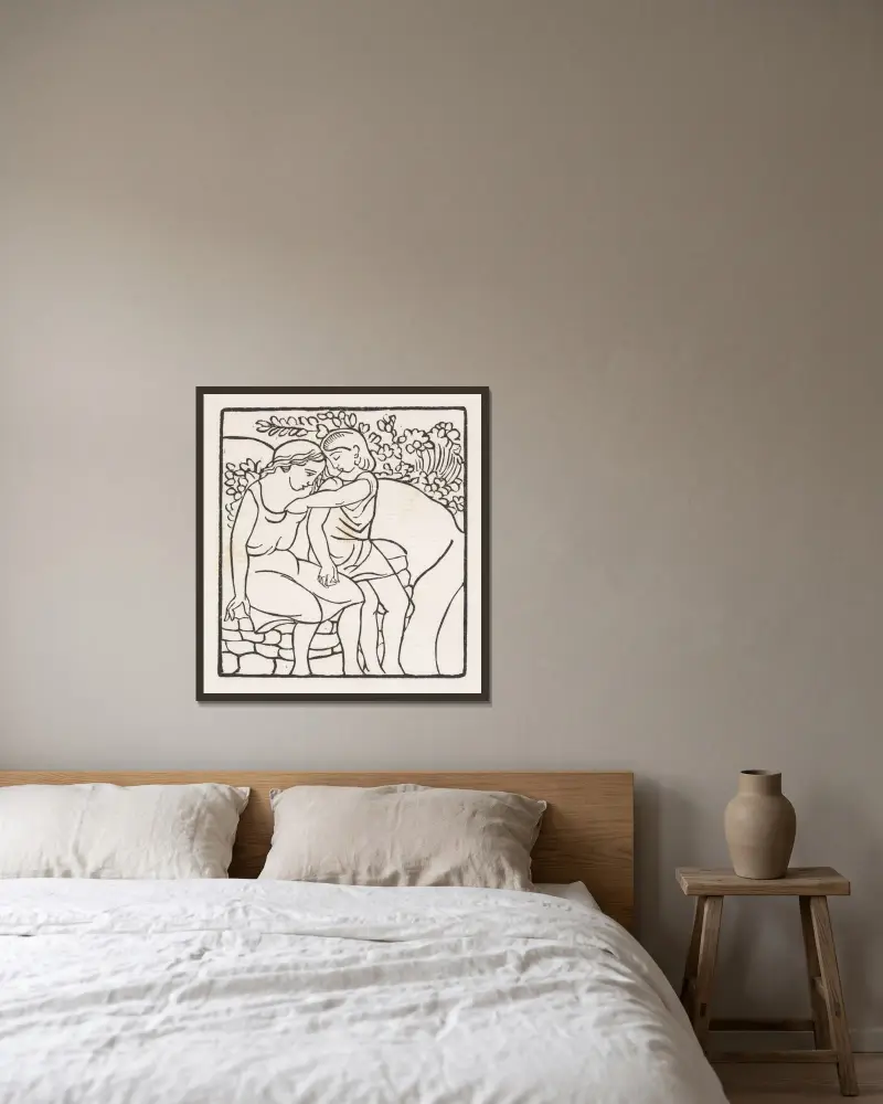 Dafnis och Chloe; Dafnis och Chloe i lek av Aristide Maillol inramad på en vägg