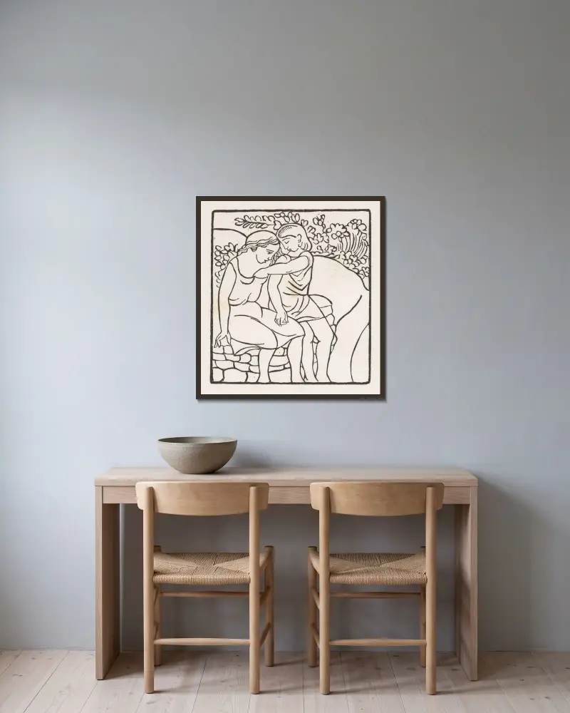Dafnis och Chloe; Dafnis och Chloe i lek av Aristide Maillol inramad på en vägg