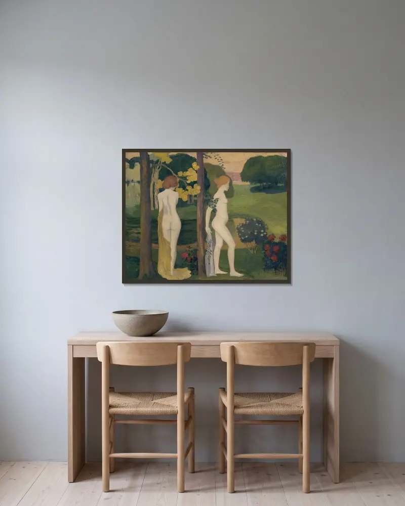Två nakna i ett landskap av Aristide Maillol inramad på en vägg