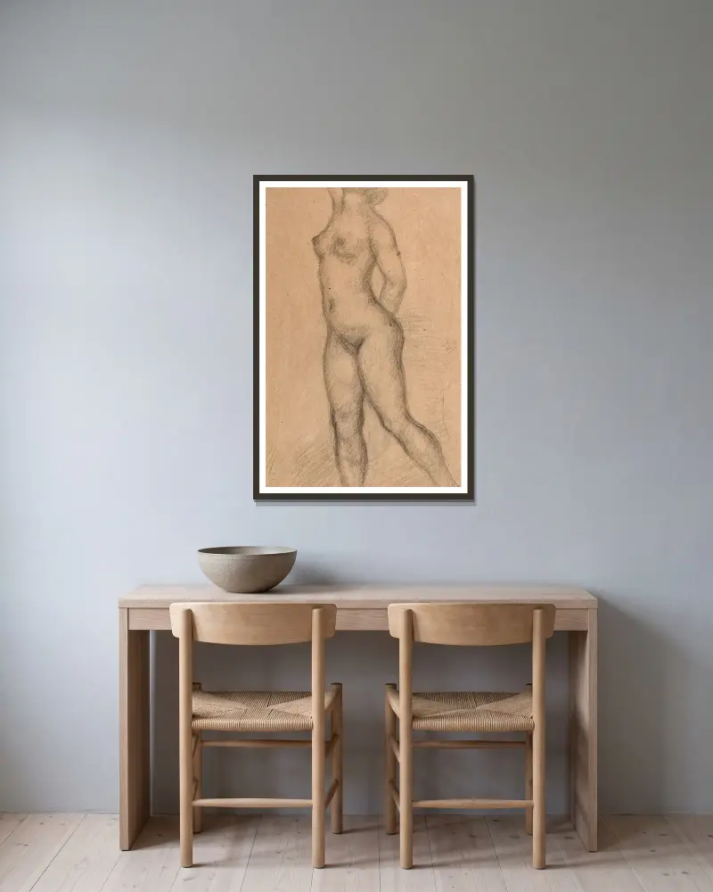 Femme nue debout de profil av Aristide Maillol inramad på en vägg