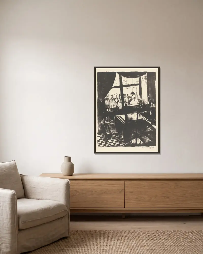 Atelier avec presse lithographique av Armand Apol inramad på en vägg