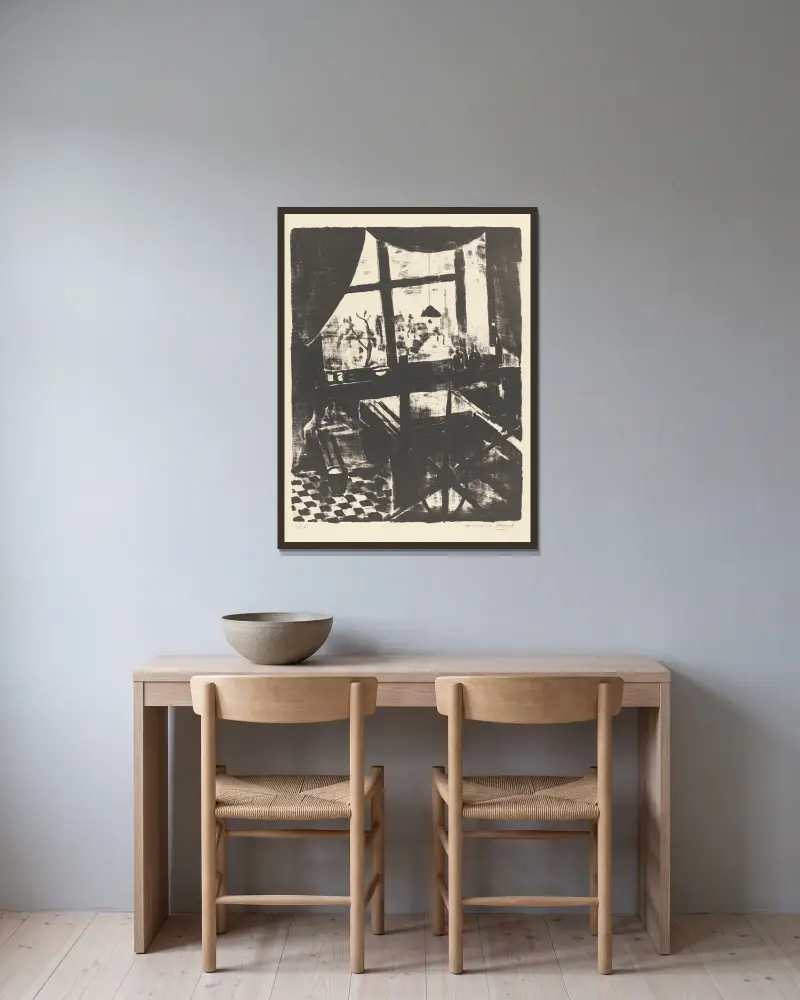 Atelier avec presse lithographique av Armand Apol inramad på en vägg