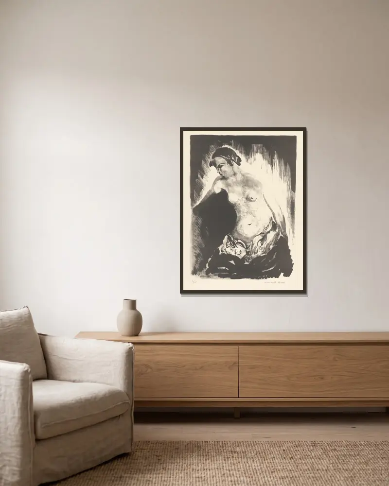 Femme nue assise sur un divan av Armand Apol inramad på en vägg