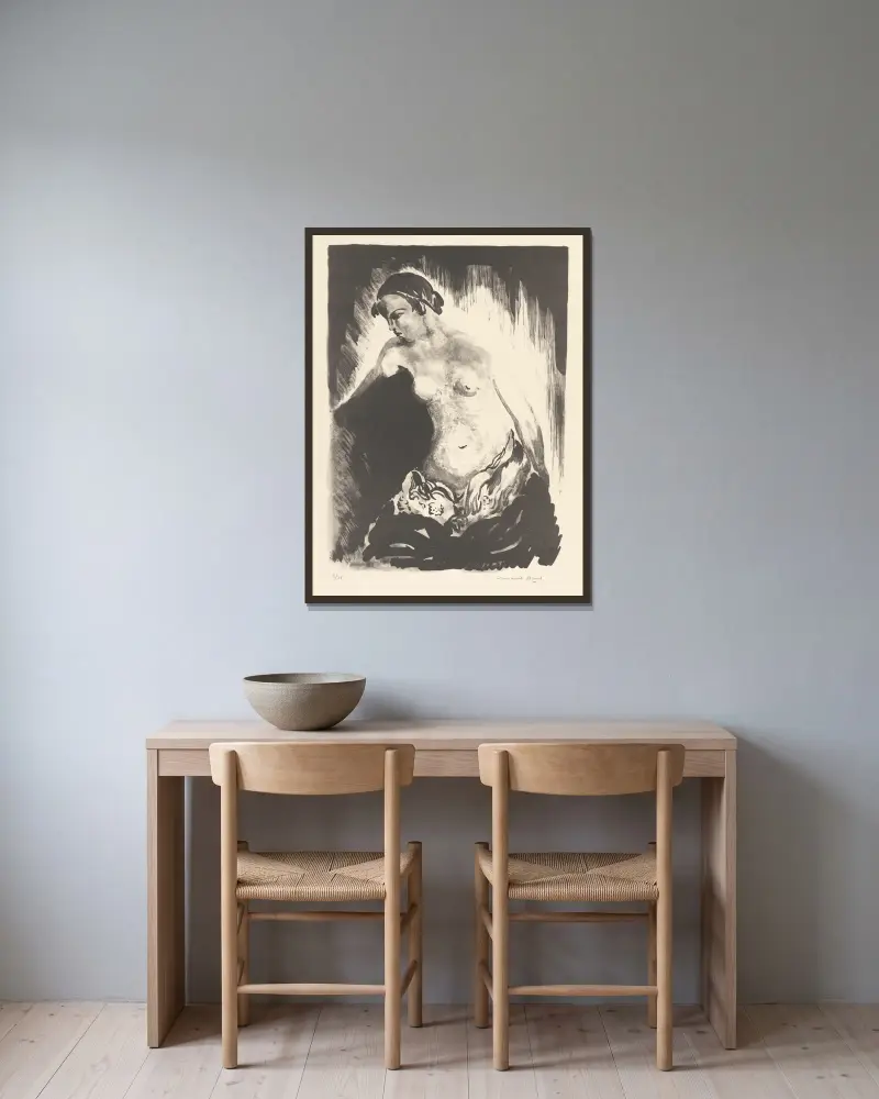Femme nue assise sur un divan av Armand Apol inramad på en vägg