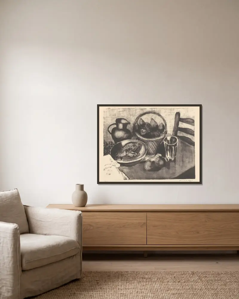 Nature morte avec fruits et poissons av Armand Apol inramad på en vägg