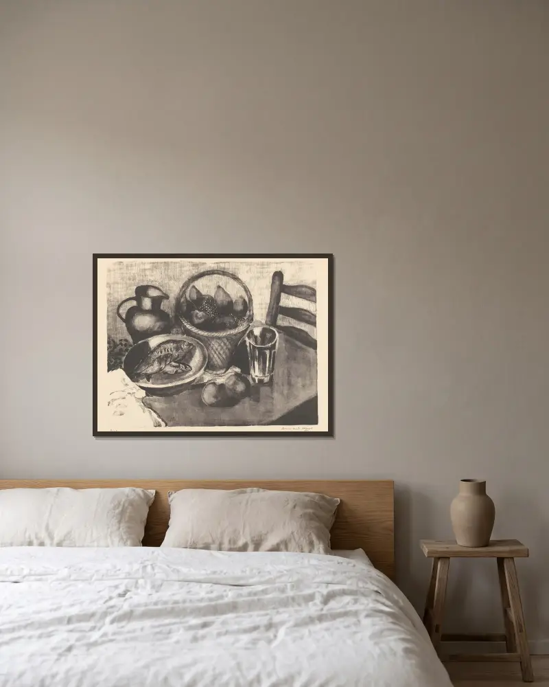 Nature morte avec fruits et poissons av Armand Apol inramad på en vägg