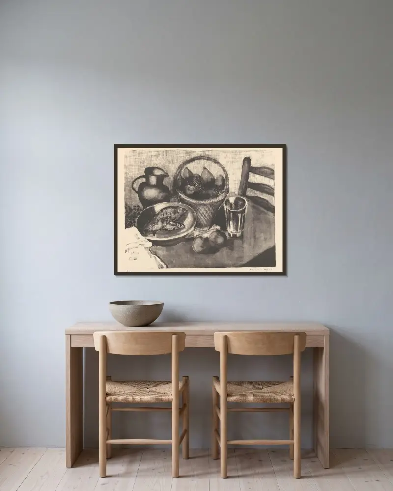 Nature morte avec fruits et poissons av Armand Apol inramad på en vägg
